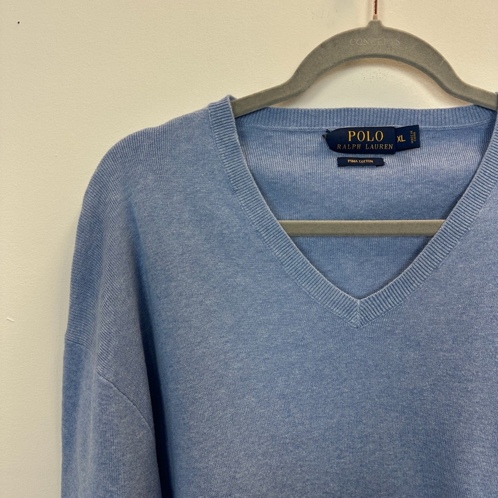 Polo PRL Ralph Lauren XL Pima Cotton V-Neck Lightweight Sweater Blue